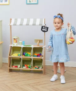 TeamsonUS Teamson Kids Little Helper Wooden Play Farmer's Market Stand With Cash Register And Storage Bins, Natural/Green