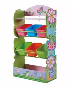 TeamsonUS Fantasy Fields Magic Garden Kids Wooden Toy Organizer With Storage Bins, Pink/Green