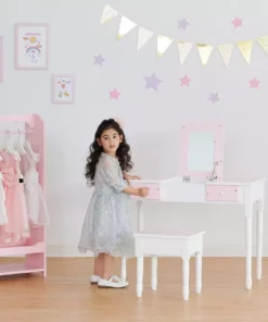 TeamsonUS Fantasy Fields Kids Kate Twinkle Star Vanity Set With Foldable Mirror And Chair, Pink/White