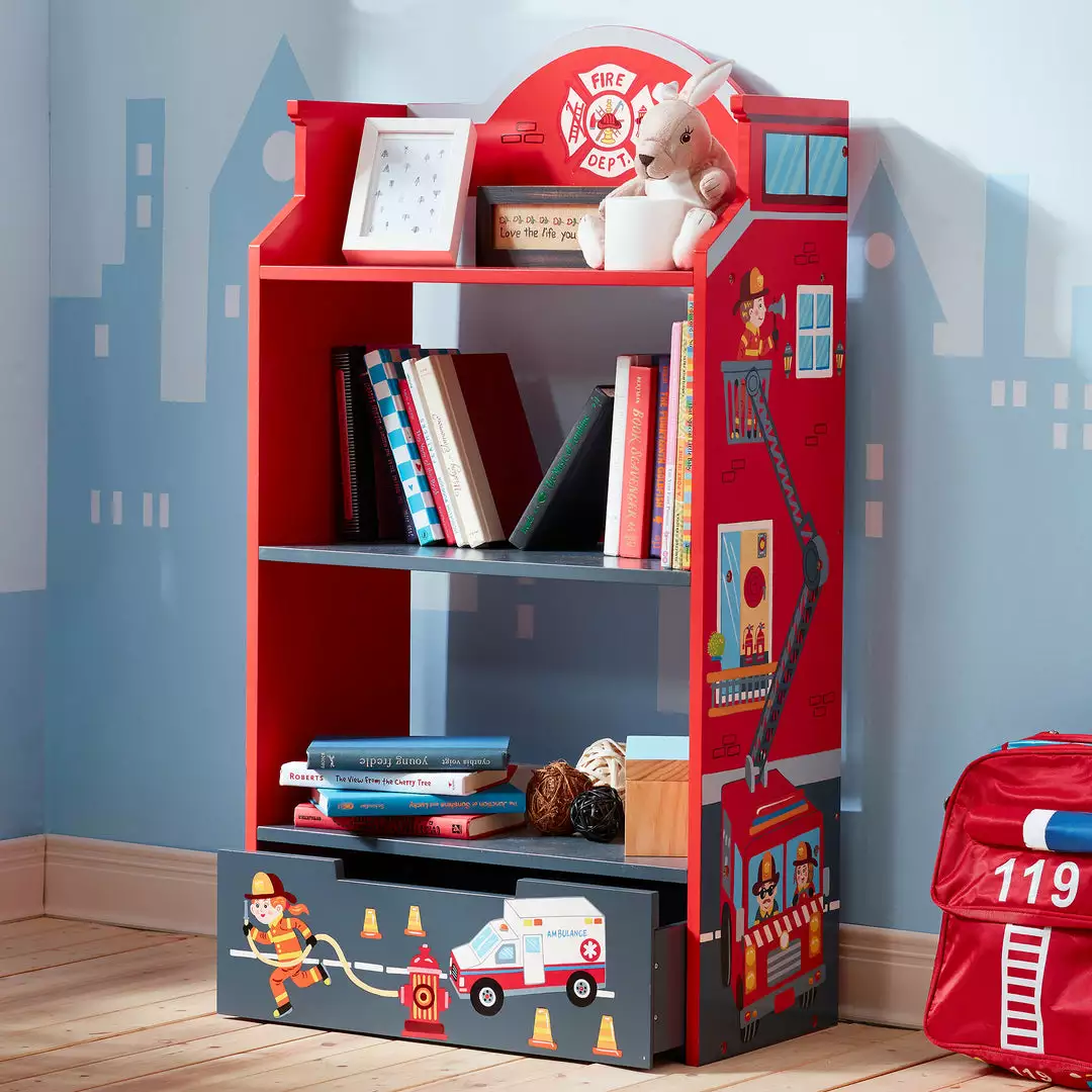 TeamsonUS Fantasy Fields Little Fire Fighters Bookshelf With Drawer, Red 5 TeamsonUS Fantasy Fields Little Fire Fighters Bookshelf With Drawer, Red